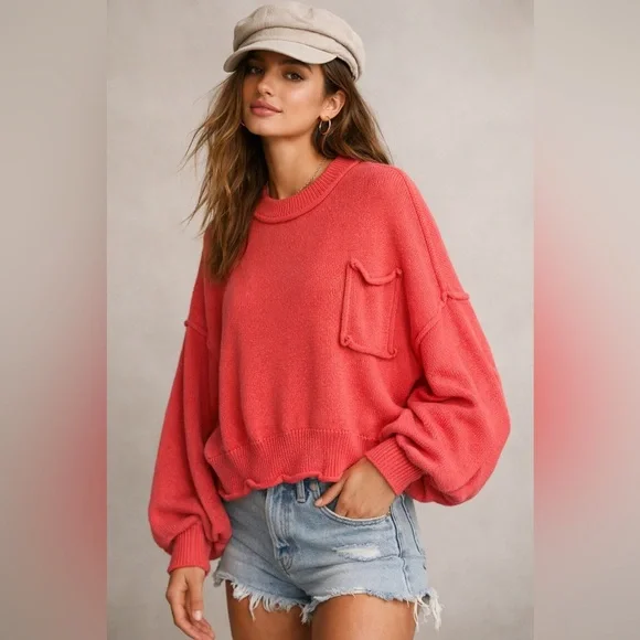 POL Never Let You Go Sweater Coral Pink Dolman Balloon Sleeve Raw Edge - Picture 1 of 8